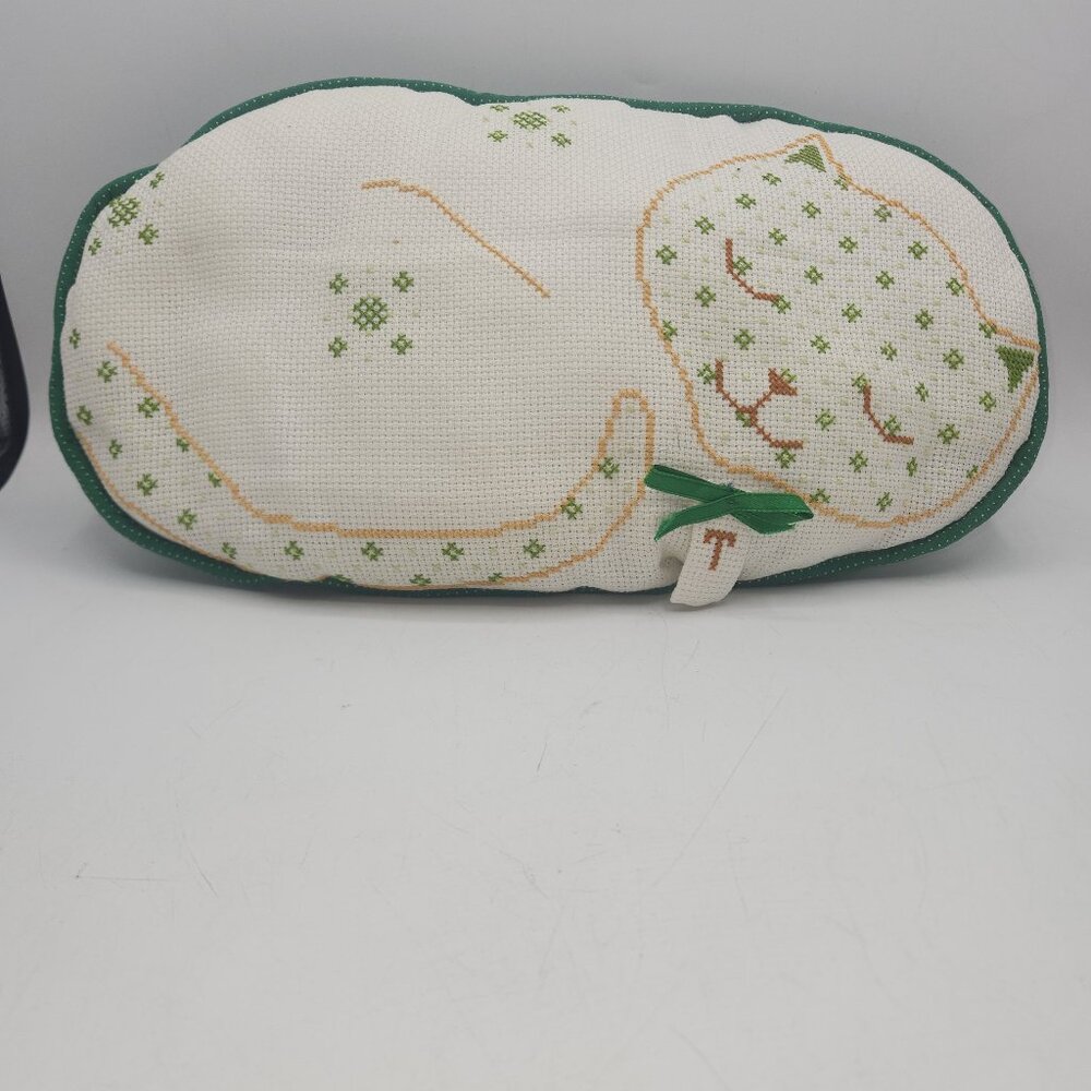Vintage Sleeping Cat Pillow Hand Cross Stitched Green Polk-a-dot Backing
